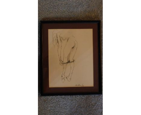A framed and glazed pen and ink sketch, signed. 36x29cm 