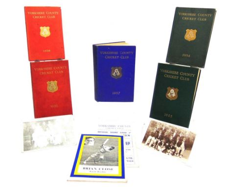 [CRICKET] Five Yorkshire County Cricket Club handbooks, for 1934, 1935, 1938, 1955 and 1957; a Brian Close Benefit Brochure, 