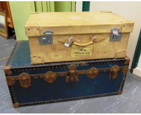 A VINTAGE LEATHER SUITCASE 72 x 42 x 28cm; and a bound travelling trunk, 92 x 52 x 35cm (2)