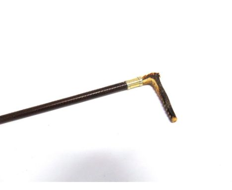 A LADIES HUNTING CROP with horn grip, plated collar and plaited leather shaft