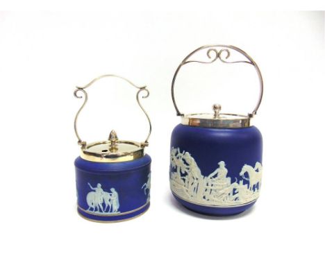 A WEDGWOOD JASPER WARE BISCUIT BARREL decorated with a continuous hunting scene, and a similar sugar/preserve jar and cover, 