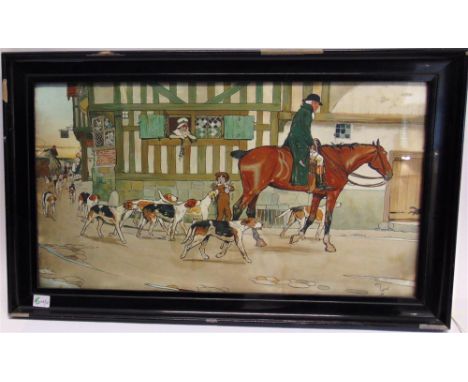AFTER CECIL ALDIN 'Drawn Blank', huntsman and hounds outside a hostelry, colour print, 38 x 70cm