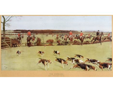 AFTER CECIL ALDIN 'The Cheshire away from Bath Wood', colour print, 18 x 31cm; and a pair of colour racing prints 13 x 19.5cm