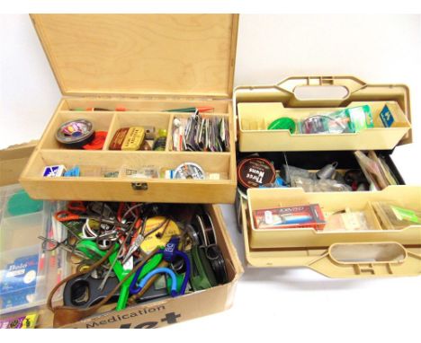 FISHING ACCESSORIES to include floats, weights, shot, lures, line, scales, scissors, hooks, tackle box etc. (qty), all in use