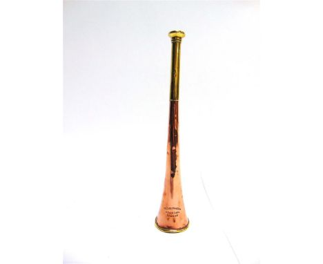 A COPPER AND BRASS HUNTING HORN by 'T Callow & Son, 8 Park Lane, London' 27cm long