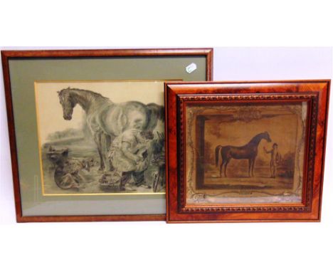 A.H. - After Landseer Farrier at work shoeing  Pencil, signed with initials, 35cm x 43cm  and an early black and white print 