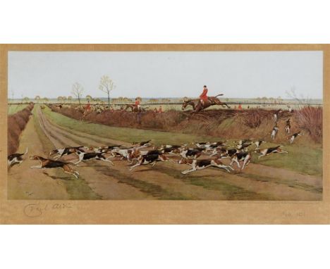 AFTER CECIL ALDIN The Pytchley, gone away from Crick Colour print, signed in pencil, lower left, 18cm x 32cm