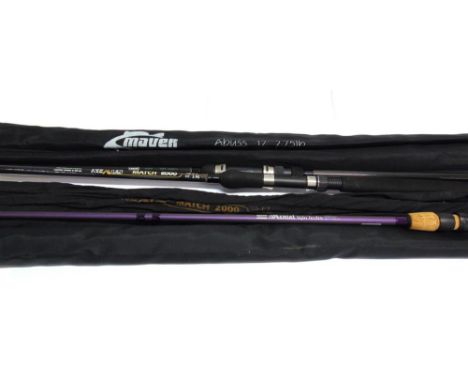 A GROUP OF FISHING RODS to include a Shakespeare Aerial Light Feeder, Nexus Match 2000, Leeda 12', Maver Carp Abyss 12' (4), 