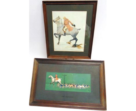 AFTER CECIL ALDIN 'The Huntsman', on a grey horse, a hound alongside, colour print, 31 x 24cm; and another 'The Huntsman' on 