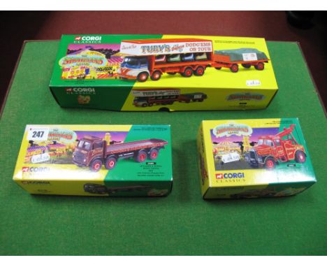 Three Corgi Diecast 1:50th Scale Showman's Trucks, all boxed, includes #14101 Foden S21 and Trailer, Dodgems - Tuby's of Donc