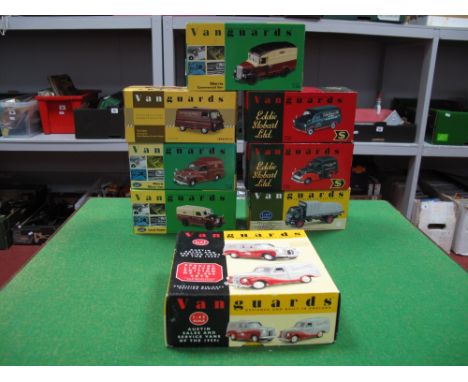 Nine 1:43rd and 1:64th Scale Diecast Vehicles by Vanguards, all boxed in eight packs, including #VA36000 Commer Flatbed Lorry