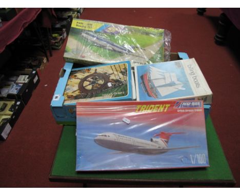 Six Unstarted Kits of Aircraft Car and Boat, includes an unstarted Billings #412 Lilla Dan sailing vessel and #413 fittings, 