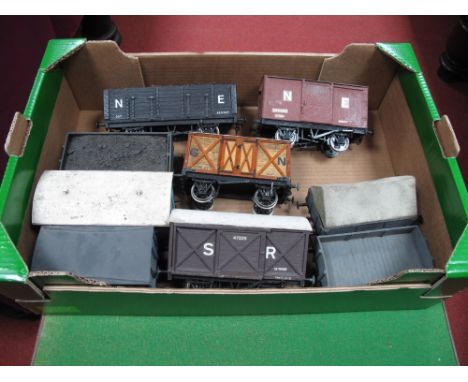 Nine Gauge 1/"G" Scale Rolling Stock Wagons and Vans, including SR Container Van, Hall and Co. Open Coal Wagon, GN Container 