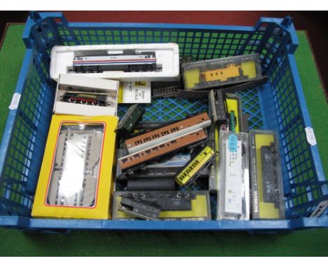 An Assortment of N Gauge Model Railway Rolling Stock, including locomotive, wagons and coaches by Trix, Bachmann and others, 