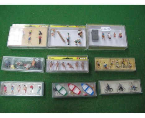 Nine Cased "HO" Scale Plastic Lineside Figure Sets by Noch, Preiser, including Noch #15885 Golfers.