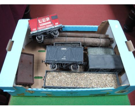 Eight Gauge 1/"G" Scale Rolling Stock Wagons and Vans, nearly all LMS liveried, including container vans, coal wagon, plank w