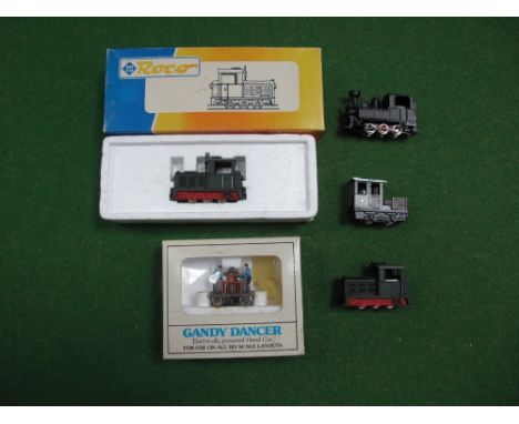 Four Narrow Gauge "HOe" locomotives by Roco, Egger-Bahn, including boxed Roco #33205 Industrial Works Narrow Gauge Shunter Lo