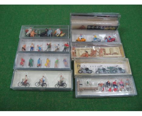 Nine Cased "HO" Scale Plastic Lineside Figure Sets by Preiser, including #10443 Hikers by the Cattle Trough. 
