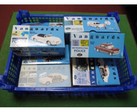 Eight 1:43rd Scale Diecast Police Cars by Vanguards, all boxed, includes #VA08902 Austin 1800, Diplomatic Protection Group.