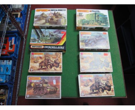 Eight 1-76th Scale Unstarted Plastic Kits of Military Vehicles, by Matchbox. All boxed, unchecked.