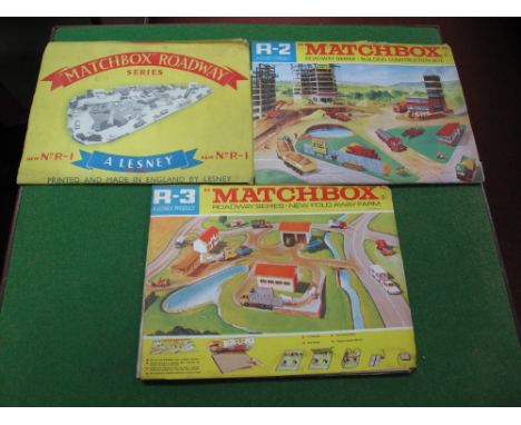 Three Matchbox 1:75's Folded Card Layouts,  R-I (2nd issue), R-2 Building Construction Site, R-3 Fold Away Farm. All showing 