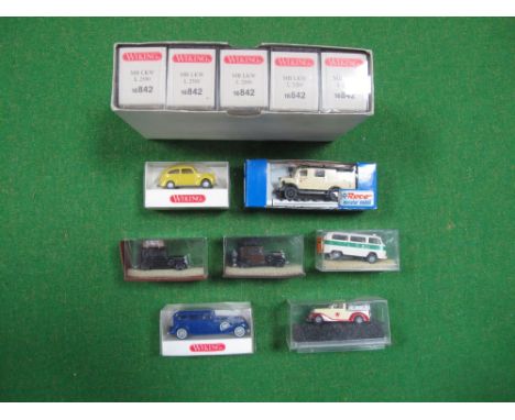 Twelve Boxed "HO" Scale Plastic Lineside Vehicles by Wiking, Roco, Brekina, including Wiking #8250214 Horch 850. 