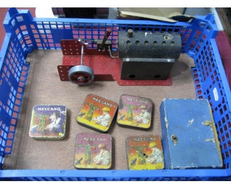 A 1970's Meccano Steam Engine (A/E), plus five pre war Meccano tins and a clockwork motor.