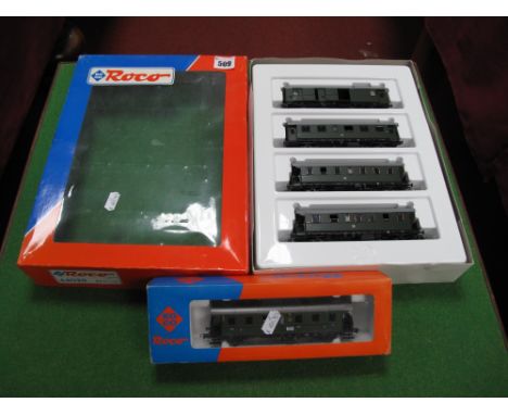 Five "HO" Scale Coaches By Roco, DR Livery, all boxed in tow packs, includes #44025 quad pack of four wheel suburban coaches.