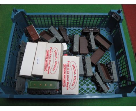 Twenty-Two "OO" Gauge Rolling Stock Wagons, Vans by Airfix, Mainline, Hornby, Bachmann, sometimes boxed, plus one tender.