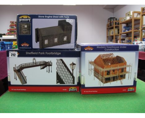 Three Boxed Bachmann "OO" Scale 'Scenecraft' Lineside Buildings and Footbridge, #44-093 Sheffield Park Footbridge, #44-094 Mo