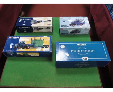 Four Corgi Diecast 1:50th Scale Trucks - Pickfords, all boxed, including #31007 Diamond T, Girder Trailer with Locomotive Loa