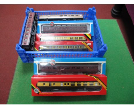 Ten "00" Scale Model Railway Coaches, by Hornby, Airfix, Some Boxed. Playworn.