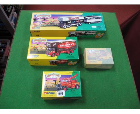 Three Corgi Diecast 1:50th Scale Showman's Trucks and a 1:43rd Scale Showman's Morris 1000 (unopened), includes #12601 Foden 