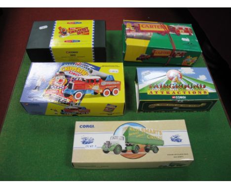 Five Corgi Diecast 1:50th Scale Showman's and Fairground Vehicles, all boxed except one vehicle, including #17801 Scammell Co