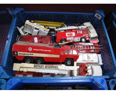 Ten Assorted Diecast Models of Fire and Emergency Vehicles, includes Dinky toys #555 Comer Fire Engine, playworn.