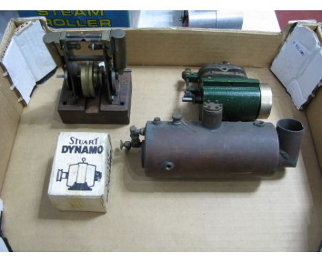 A Stuart Live Steam Marine Engine, a boxed Stuart dynamo (unused) , a small engineered vertical twin and a copper boiler.