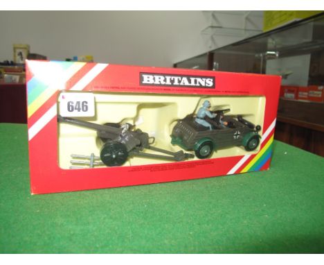 A Boxed Britains 1:32nd Scale Metal and Plastic #9788 Army Group, Kubelwagen and German Field Gun, (circa 1980) boxed.