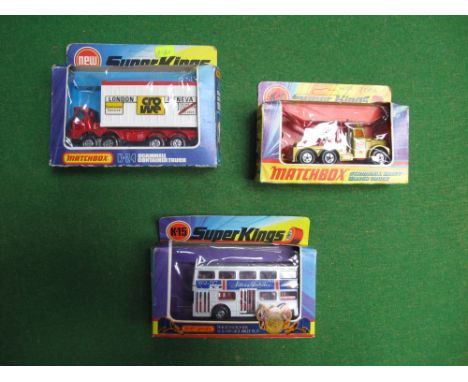 Three Matchbox Superkings, No. K-15 Silver Jubilee Bus/No. K-2 Scammell Heavy Wreck Truck, No. K-24 Scammell Container Truck 