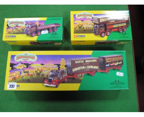 Three Corgi Diecast 1:50th Scale Showman's Trucks, all boxed, includes #15901 Scammell Highwayman and Two Trailers - Anderton