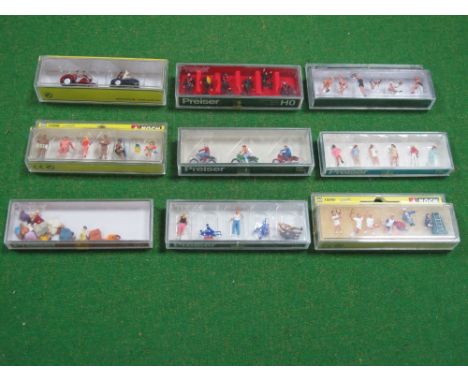 Nine Cased "HO" Scale Plastic Lineside Figure Sets by Preiser, Noch, including Noch #15905 Motorcyclists. 