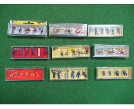 Nine Cased "HO" Scale Plastic Lineside Figure Sets by Preiser, Noch, including Preiser #10449 On the Oktoberfest. 