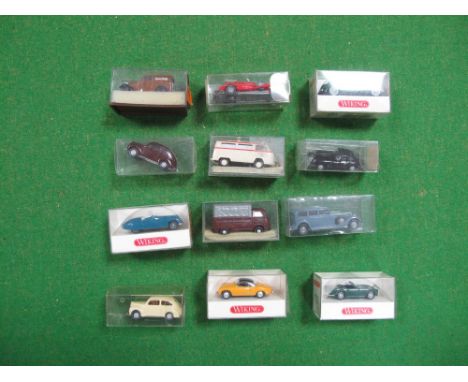 Twelve Boxed "HO" Scale Plastic Lineside Vehicles by Wiking, Brekina, including Wiking #8050424 Karmann Ghia Coupe. 