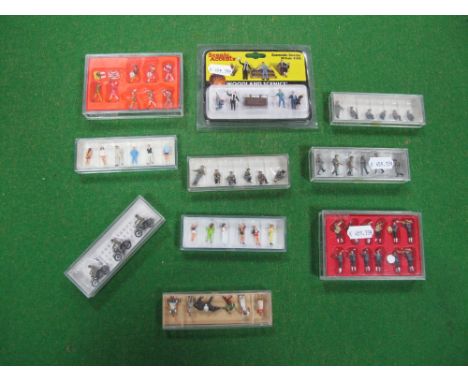Ten Cased "HO" Scale Plastic Lineside Figure Sets by Preiser, Scenic Accents, including Preiser #16875 Marching Infantry Rifl