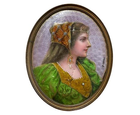 A continental portrait miniature of a lady in a green and gold dress, in colourful enamels on copper, signed Porval, in a sim