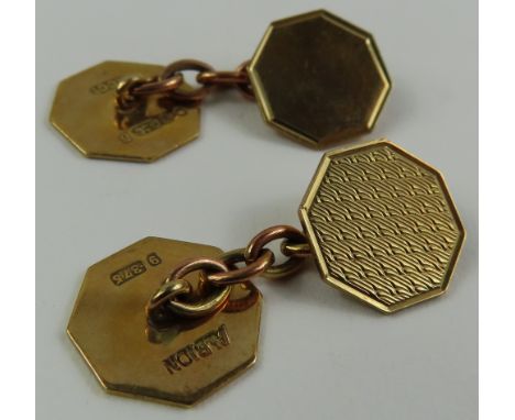 A pair of 9ct gold octagonal shaped cufflinks, with chain link and partial engine turned decoration, 4.3g gross