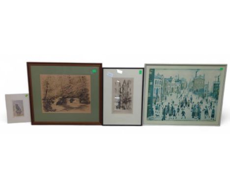 A 19th century framed and glazed engraving, a Lowry print and others