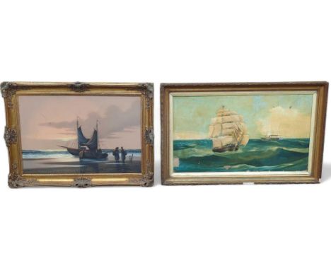 Oil on canvas, maritime scene of a ship with two figures on a beach, and a large oleograph on canvas of a maritime scene (2)