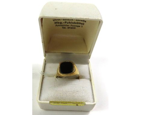 A 9ct gold black onyx set signet ring, finger size R 1/2, 3g gross