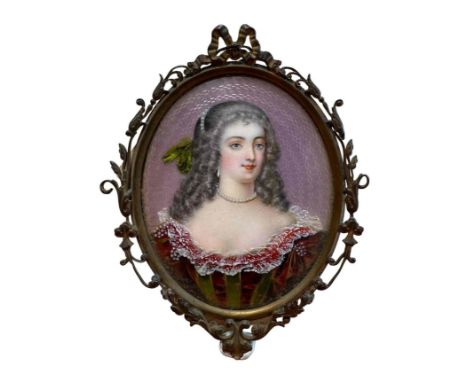 A 19th century continental painted and enamel portrait miniature on metal, of a lady in striped dress and wearing a pearl nec