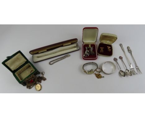 A jewellery casket with silver plated mount, silver pickle fork, various costume jewellery and other items